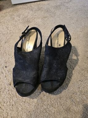 Montego Bay Club Black Suede Peep-Toe Wedge Sandals